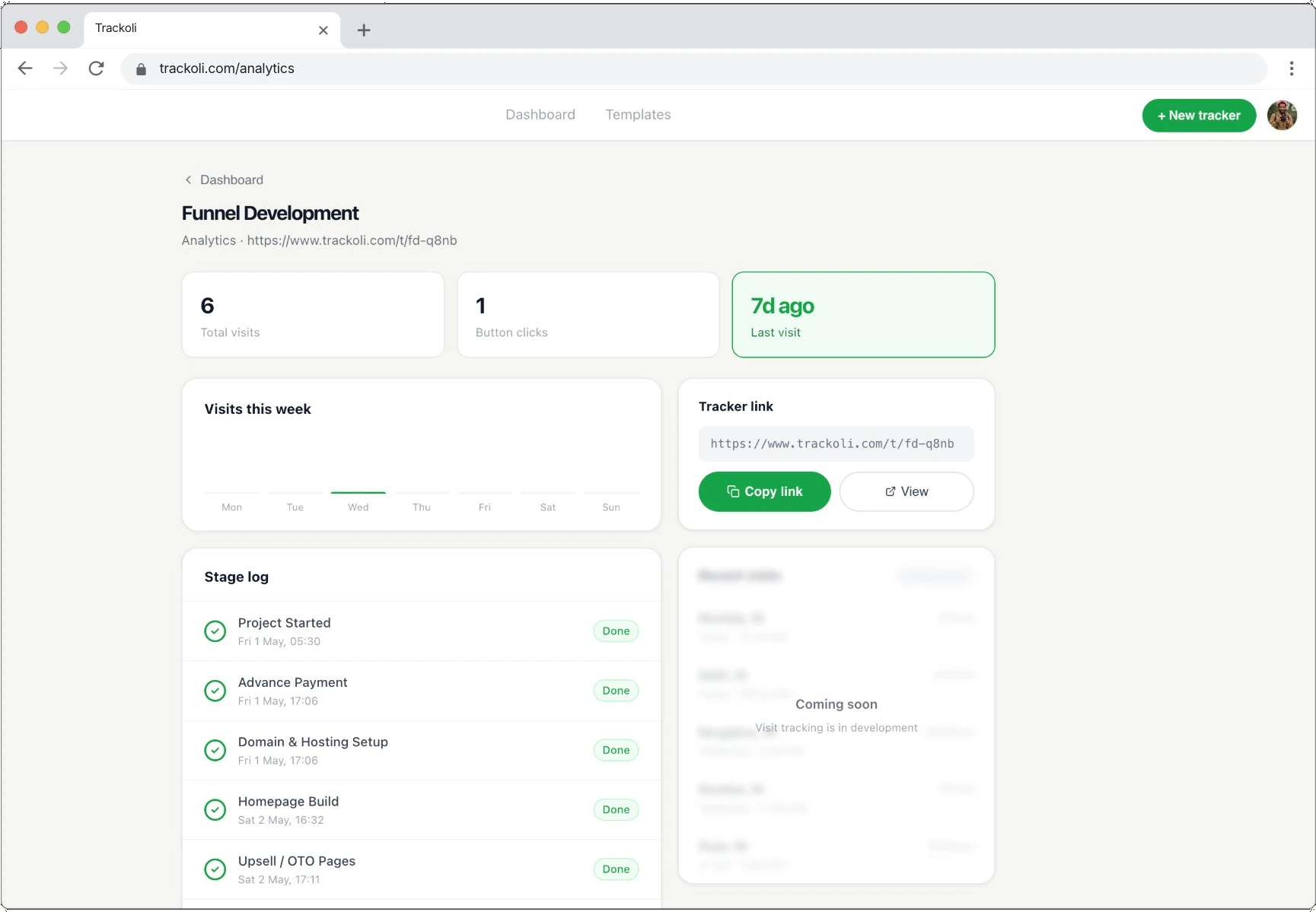 Trackoli analytics showing client visits, button clicks and stage history