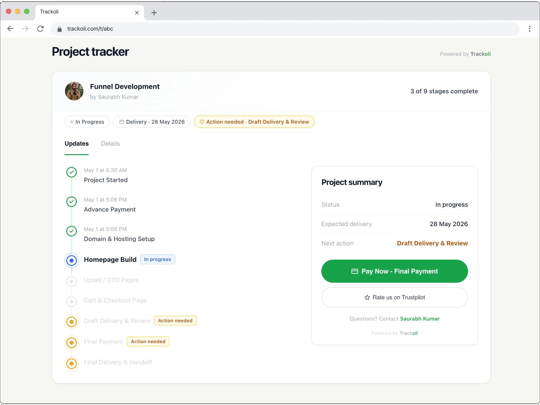 Client view of a Trackoli tracking page showing project stages and delivery date